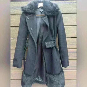 Bebe Wool Black Faux Fur Trim Black Midi Coat - Size Small like new condition